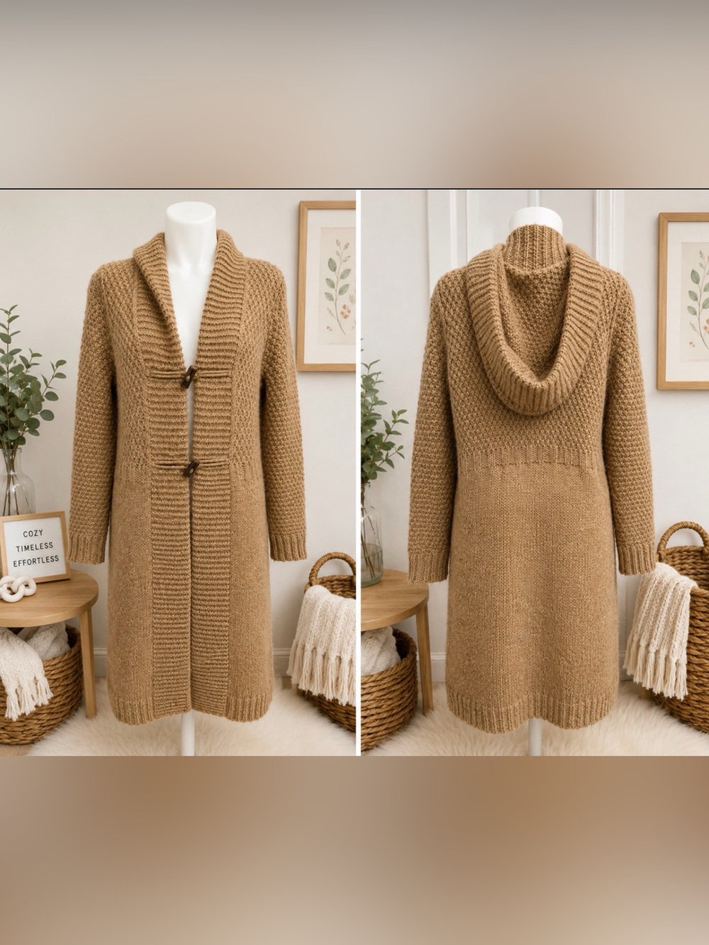 Classy Hooded Toggle Italian Cardigan Sweater - Camel wool/ mohair blend size m